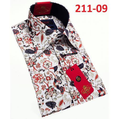 Axxess White / Red /Navy Flower Design Cotton Modern Fit Dress Shirt With Button Cuff 211-09.